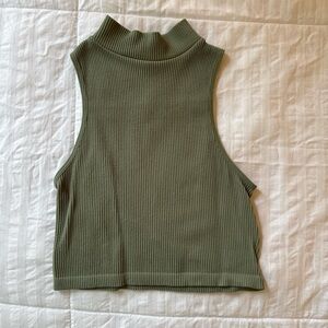Zara High Neck Sleeveless Olive Green Ribbed Top